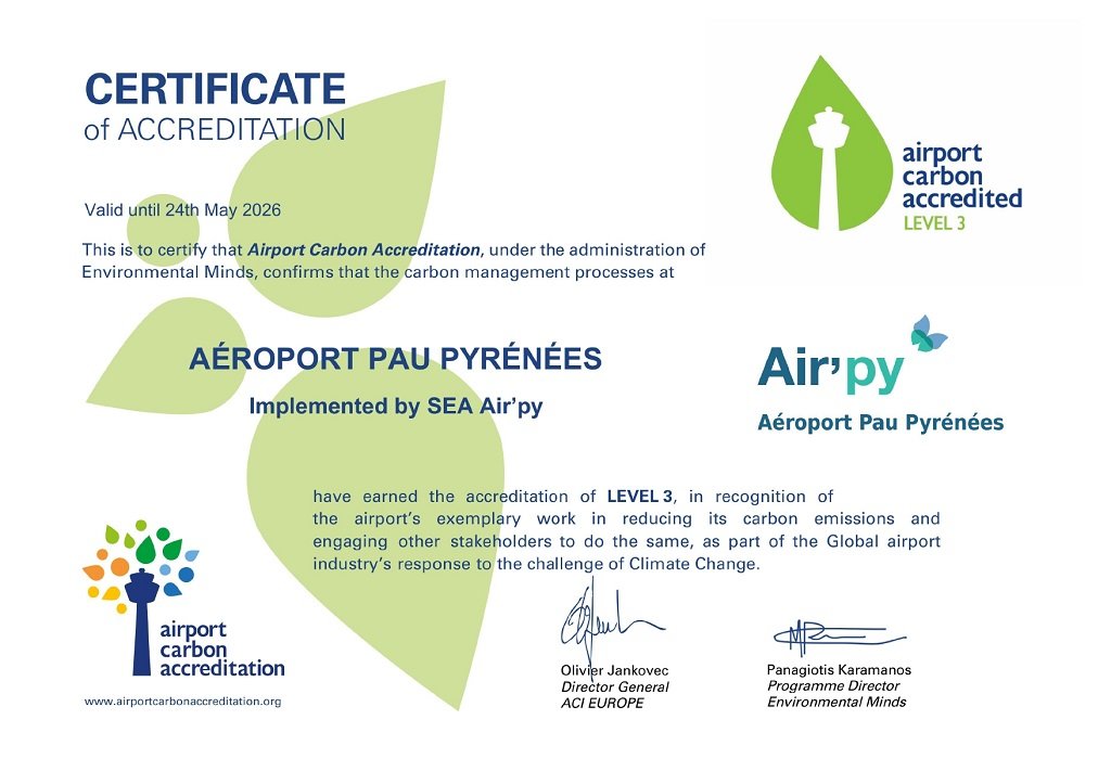 L'Aéroport Pau Pyrénées obtient l'ACA 3 L'Aéroport Pau Pyrénées obtient l'ACA 3