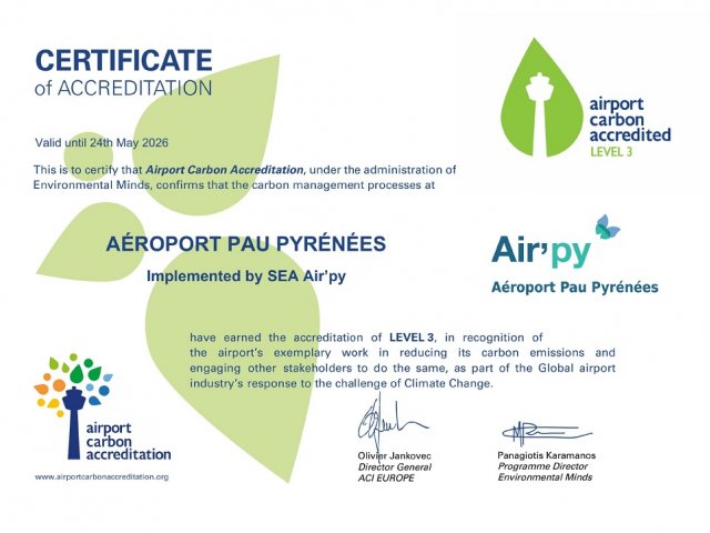 Pau Pyrénées Airport obtains the ACA 3 Pau Pyrénées Airport obtains the ACA 3
